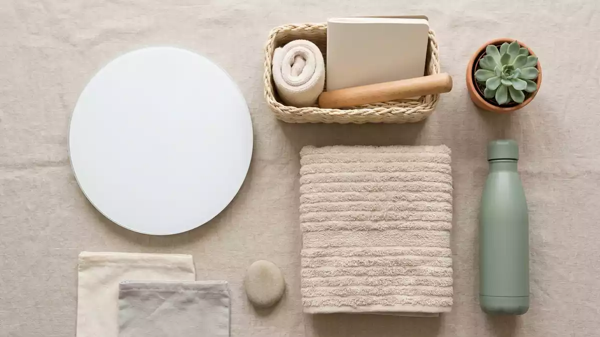 Flatlay-Arrangement rund um Koerperanalysewaage mit passenden Requisiten von oben