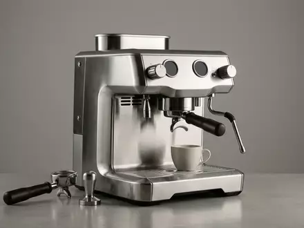 Fotorealistische Studioaufnahme von Siebtraegermaschine zum Thema WMF Lumero Siebträger Espressomaschine, klare Lichtfuehrung - Foto: THN