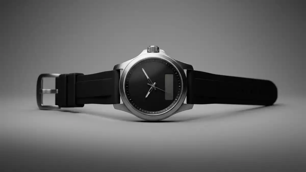 Fotorealistische Studioansicht von Hybrid-Smartwatch in neutraler Produktdarstellung