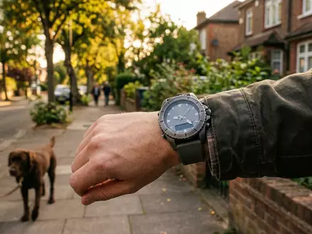 Fotorealistische Aufnahme von Hybrid-Smartwatch beim Spaziergang zum Thema Withings Steel HR Hybrid-Smartwatch, warmes Abendlicht - Foto: THN