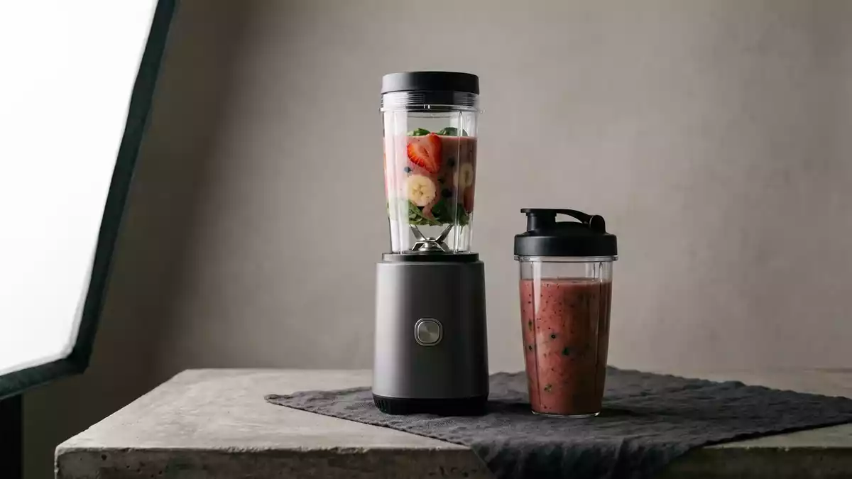 Fotorealistische Studioansicht von Smoothie-Mixer in neutraler Produktdarstellung