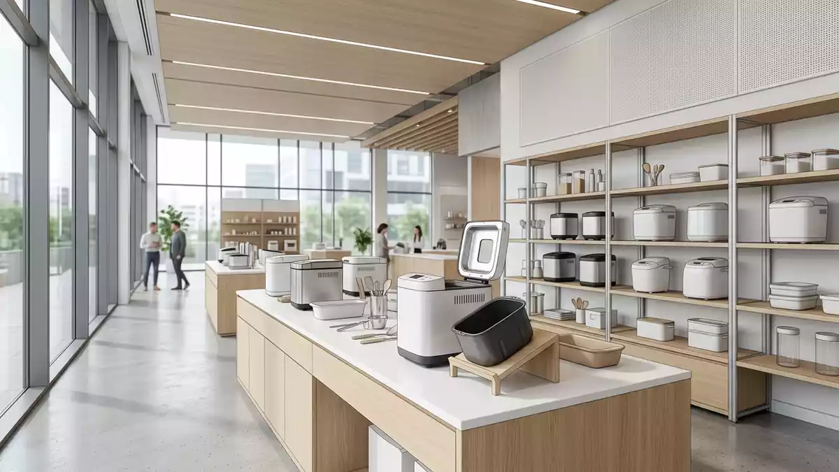 Architektur-Render im Kuechengeraetegeschaeft mit Brotbackautomat im Ausstellungsbereich