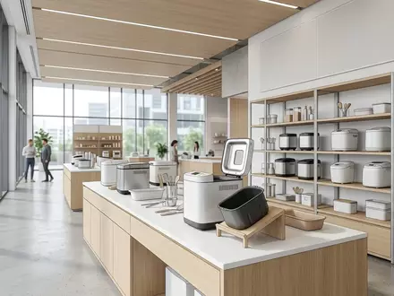 Architektur-Render im Kuechengeraetegeschaeft mit Brotbackautomat zum Thema Unold 58915 Backmeister Brotbackautomat, neutrales Tageslicht - Foto: THN