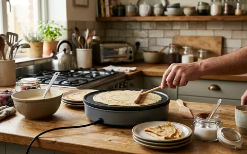 Fotorealistische Aufnahme von Crepesgeraet in der Kueche zum Thema Unold 48816 Crepes Maker, natuerliches Licht - Foto: THN