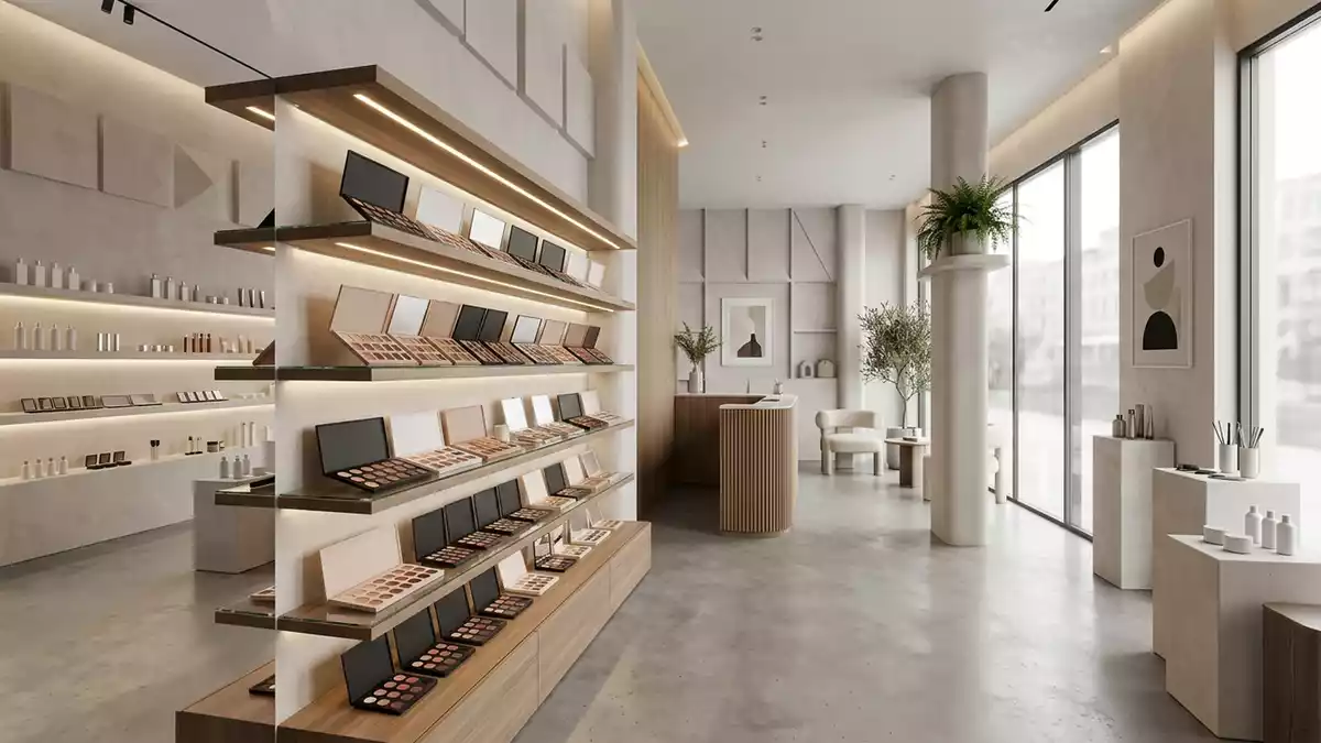 Architektur-Render im Kosmetikgeschaeft mit Lidschattenpalette im Ausstellungsbereich
