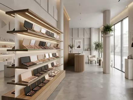 Architektur-Render im Kosmetikgeschaeft mit Lidschattenpalette zum Thema Urban Decay Naked Palette, neutrales Tageslicht - Foto: THN