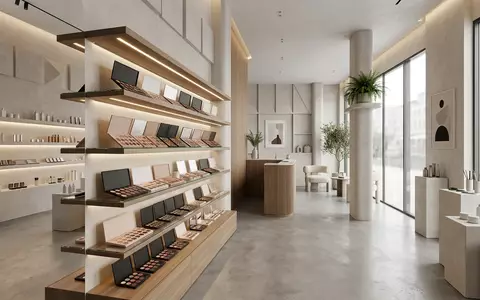 Architektur-Render im Kosmetikgeschaeft mit Lidschattenpalette zum Thema Urban Decay Naked Palette, neutrales Tageslicht - Foto: THN