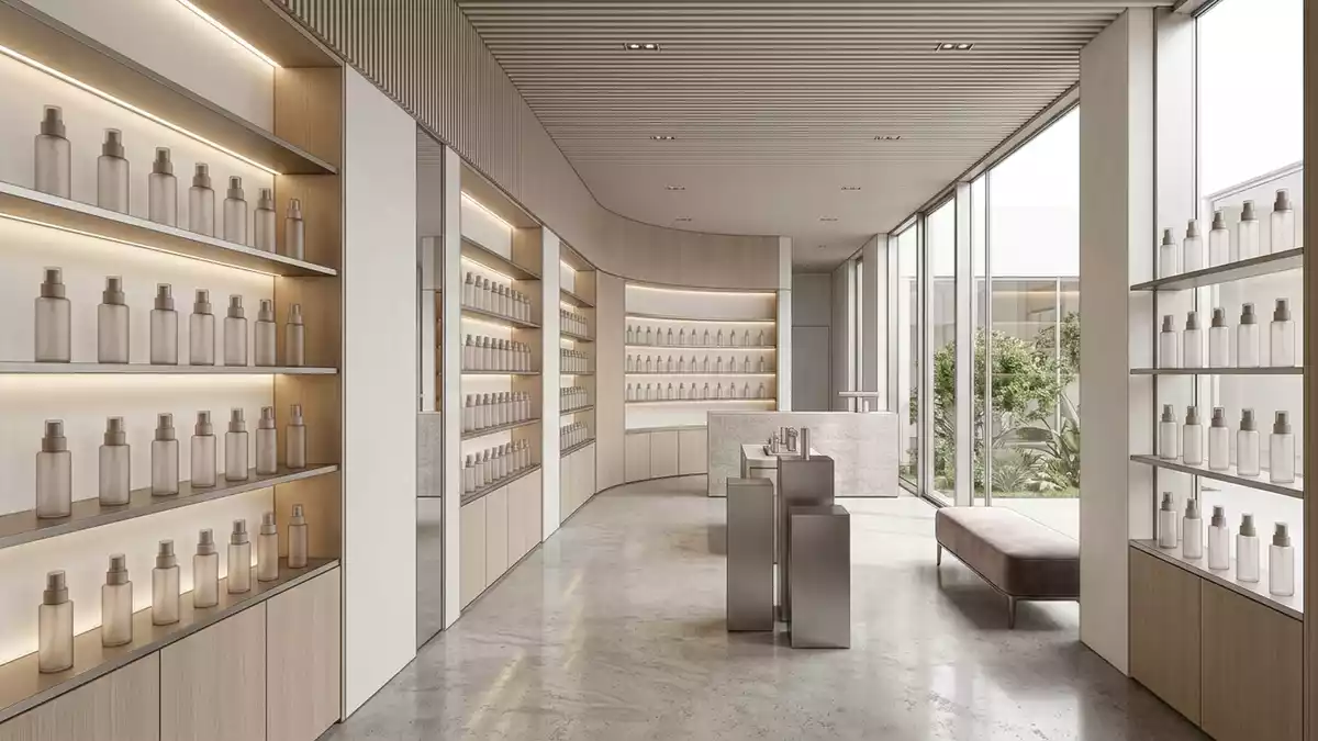 Architektur-Render im Kosmetikgeschaeft mit Fixierspray im Ausstellungsbereich