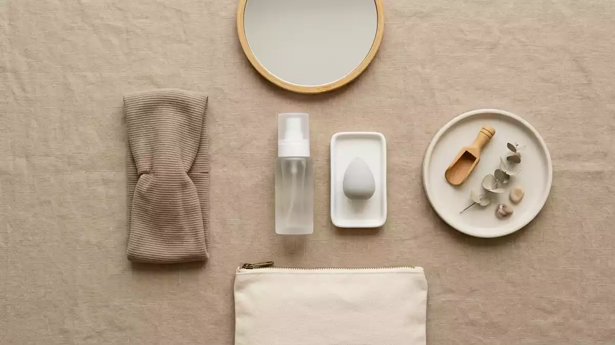Flatlay-Arrangement rund um Fixierspray mit passenden Requisiten von oben, neutral
