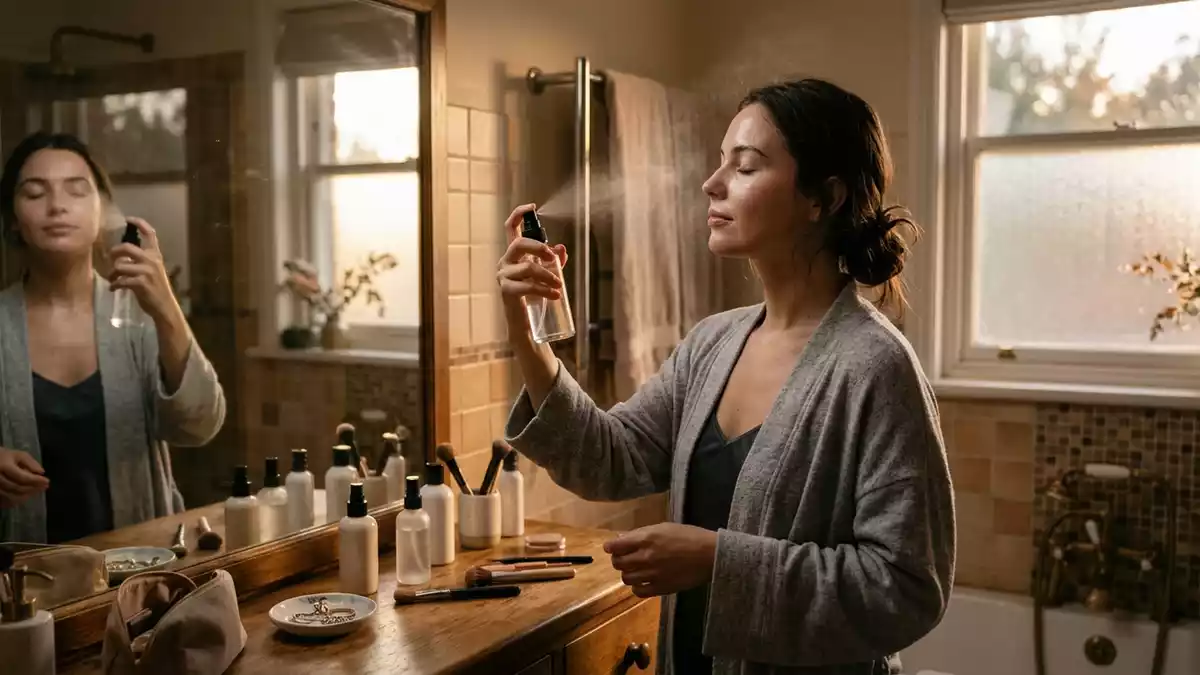 Fotorealistische Ansicht von Fixierspray im Badezimmer in warmem Abendlicht, neutral