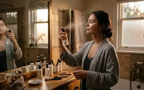 Fotorealistische Aufnahme von Fixierspray im Badezimmer zum Thema Urban Decay All Nighter, warmes Abendlicht - Foto: THN