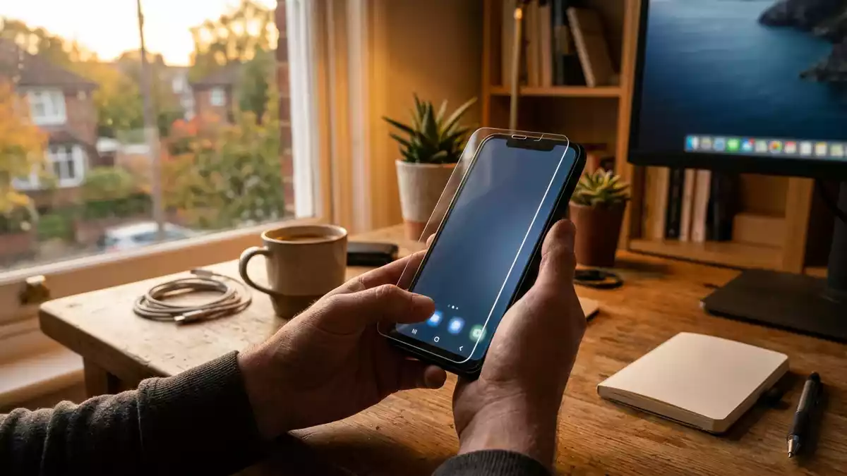 Fotorealistische Ansicht von Displayschutzglas im Homeoffice in warmem Abendlicht
