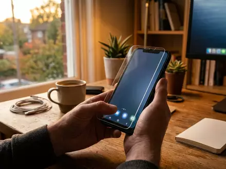 Fotorealistische Aufnahme von Displayschutzglas im Homeoffice zum Thema Whitestone Dome Glass iPhone, warmes Abendlicht - Foto: THN