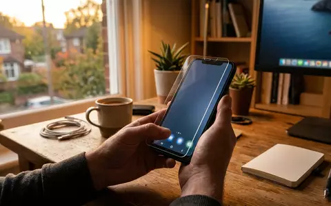 Fotorealistische Aufnahme von Displayschutzglas im Homeoffice zum Thema Whitestone Dome Glass iPhone, warmes Abendlicht - Foto: THN