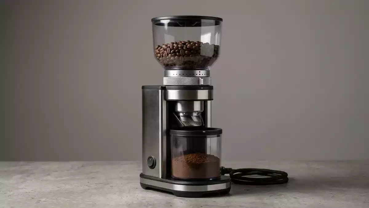 Fotorealistische Studioansicht von Kaffeemuehle in neutraler Produktdarstellung
