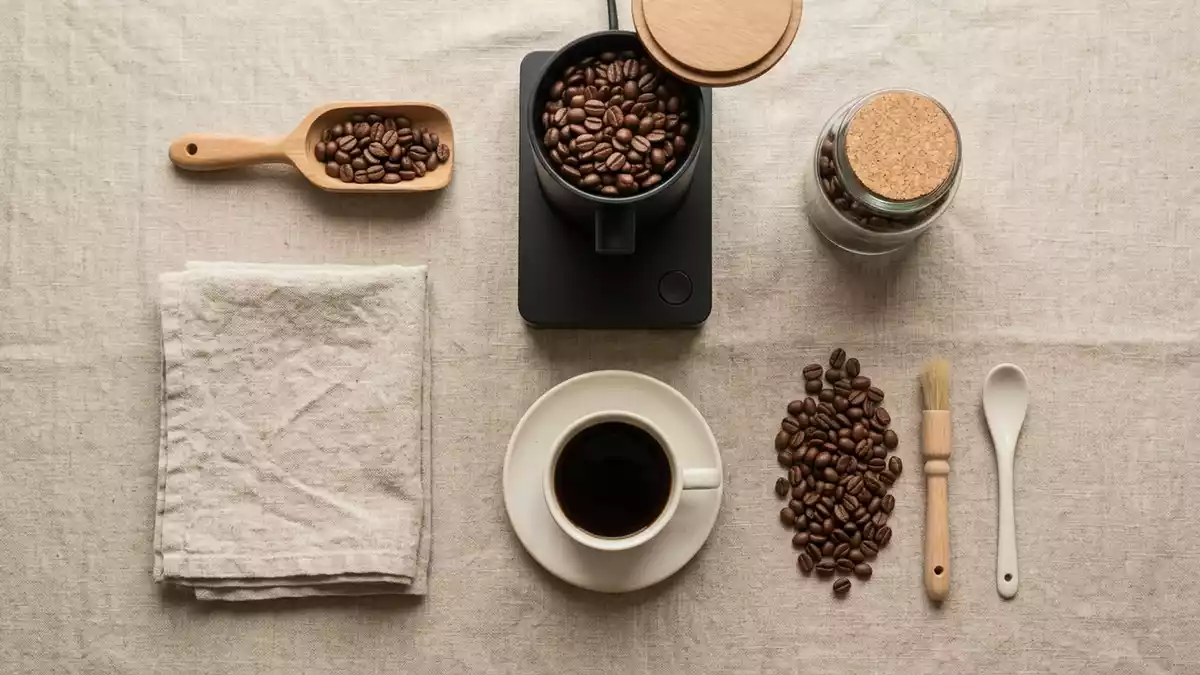 Flatlay-Arrangement rund um Kaffeemuehle mit passenden Requisiten von oben, neutral