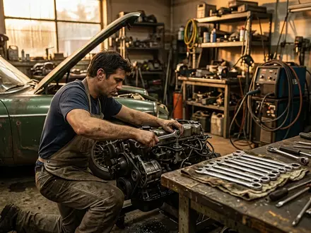 Fotorealistische Aufnahme von Ratschenschluesselset in der Garage zum Thema Wera Joker Maul-Ringratschen-Schlüssel Set, warmes Abendlicht - Foto: THN