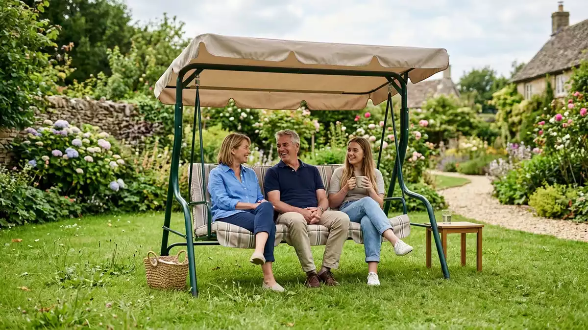 Fotorealistische Ansicht von Gartenschaukel im Garten in realer Umgebung, neutral