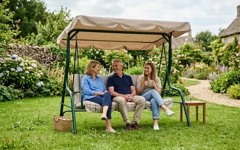 Fotorealistische Aufnahme von Gartenschaukel im Garten zum Thema SONGMICS Hollywoodschaukel 3-Sitzer Stahl, natuerliches Licht - Foto: THN