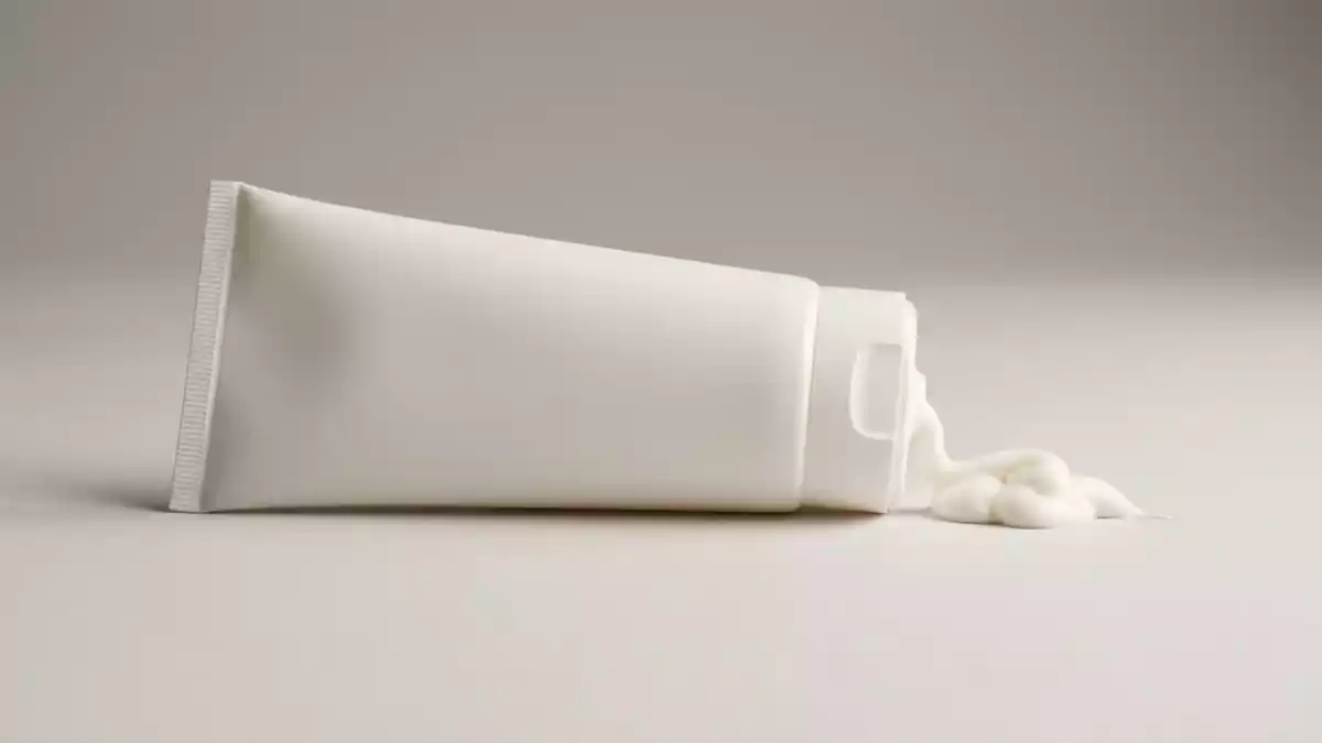 Fotorealistische Studioansicht von Kinder-Sonnencreme in neutraler Produktdarstellung