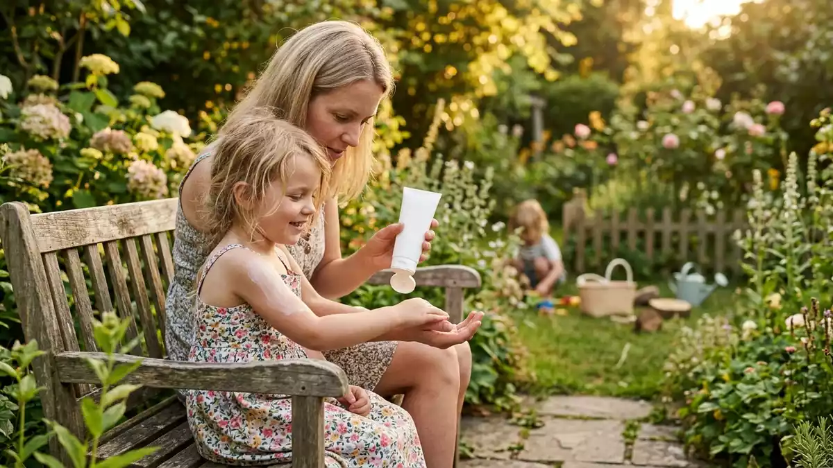 Fotorealistische Ansicht von Kinder-Sonnencreme im Garten in warmem Abendlicht