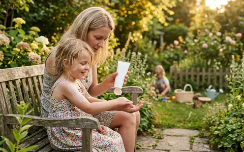 Fotorealistische Aufnahme von Kinder-Sonnencreme im Garten zum Thema Sonnenkind Kinder Bio Sonnencreme, warmes Abendlicht - Foto: THN
