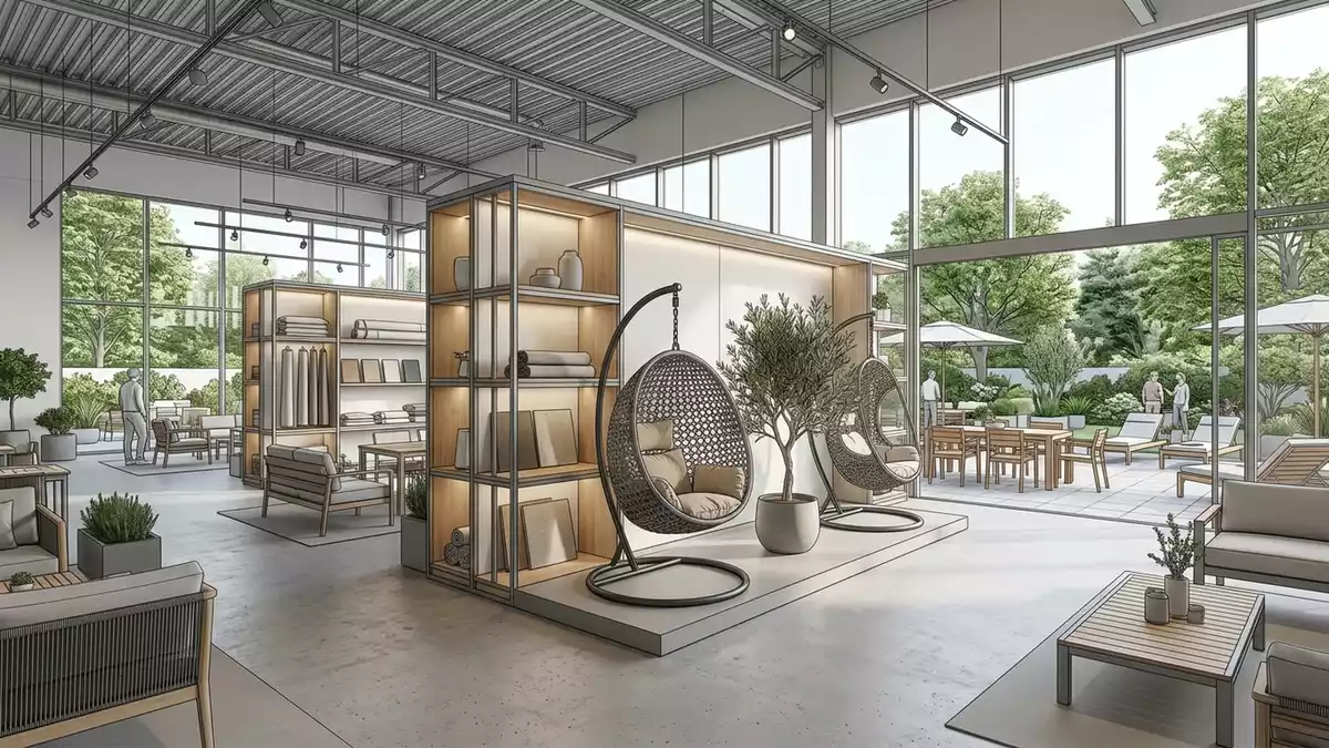 Architektur-Render im Gartenmoebelgeschaeft mit Haengesessel im Ausstellungsbereich