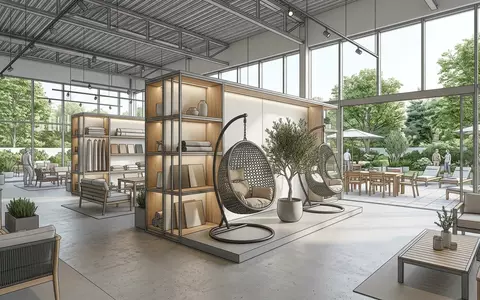 Architektur-Render im Gartenmoebelgeschaeft mit Haengesessel zum Thema SONGMICS Hängestuhl Hängesessel Stahl, neutrales Tageslicht - Foto: THN