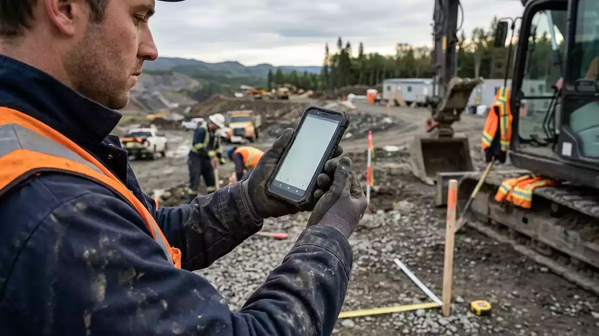 Fotorealistische Ansicht von Telefonschutzhulle bei der Feldarbeit in realer Umgebung