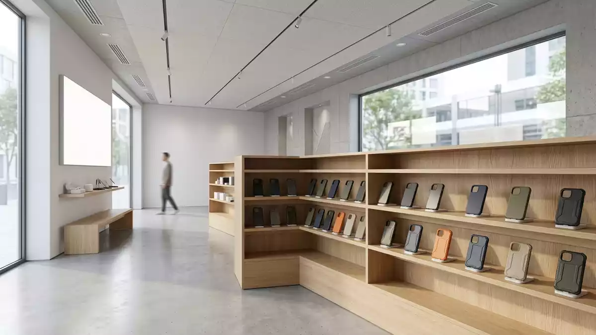 Architektur-Render im Handyzubehoerladen mit Telefonschutzhulle im Ausstellungsbereich