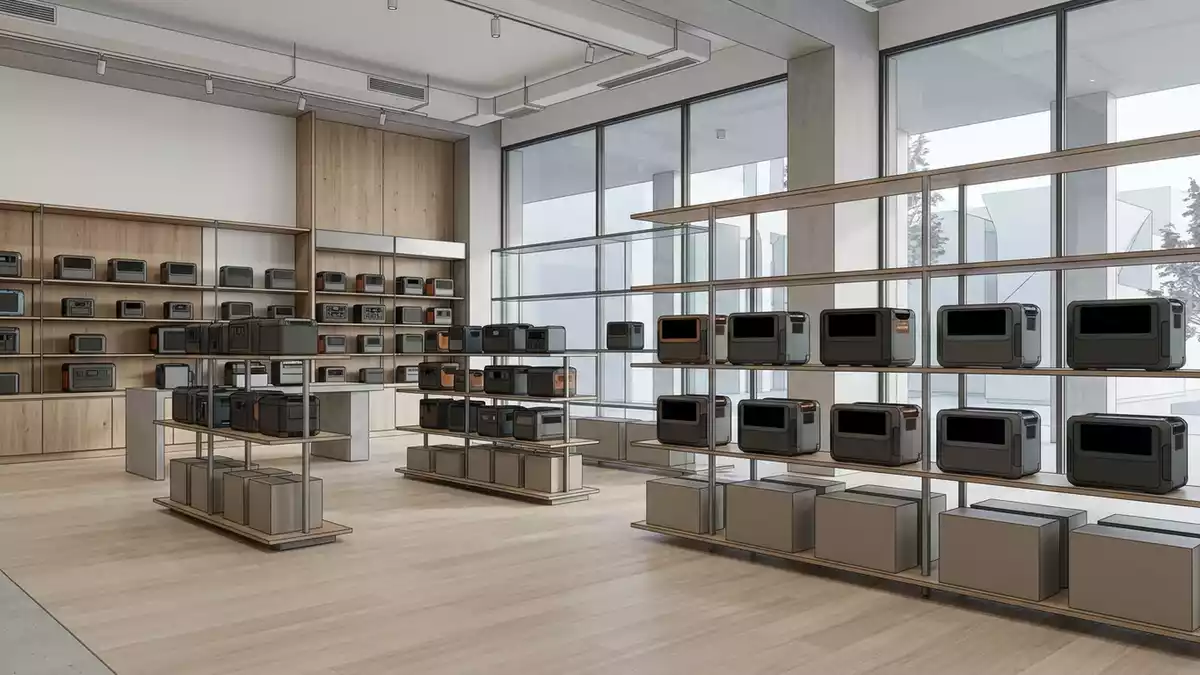 Architektur-Render im Campingfachgeschaeft mit Powerstation im Ausstellungsbereich