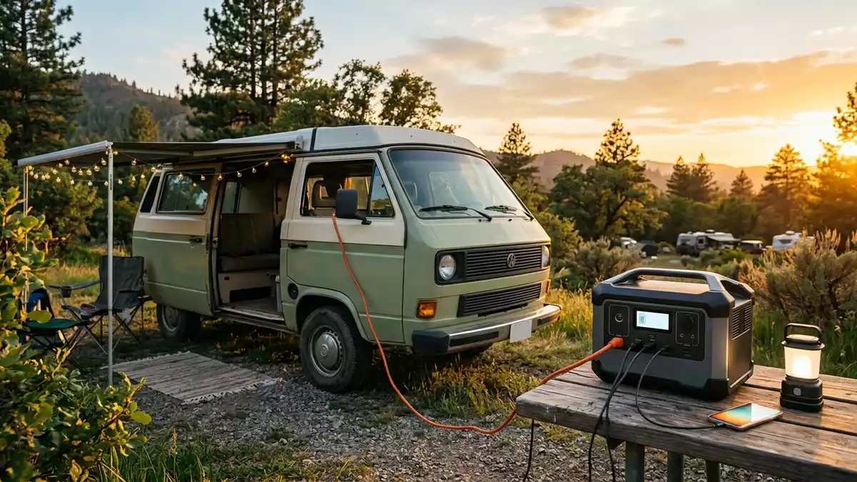Fotorealistische Ansicht von Powerstation am Wohnmobil in warmem Abendlicht, neutral