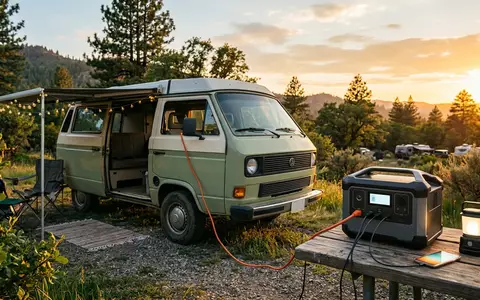 Fotorealistische Aufnahme von Powerstation am Wohnmobil zum Thema Renogy Lycan 5000 Powerstation, warmes Abendlicht - Foto: THN