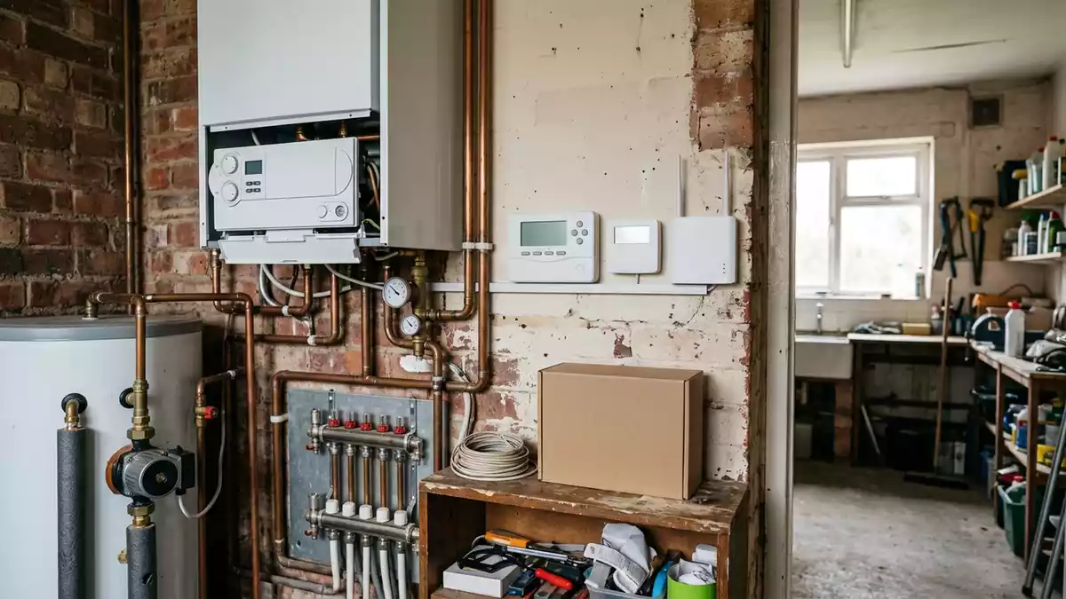 Fotorealistische Ansicht von Heizungssteuerung im Flur in realer Umgebung, neutral