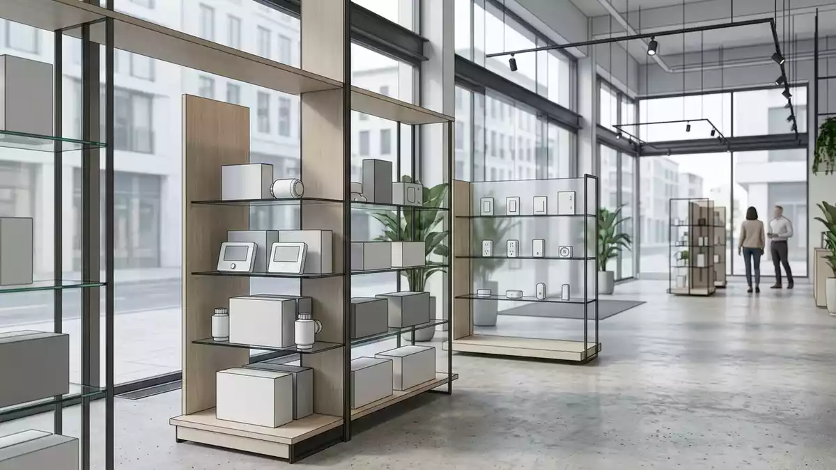 Architektur-Render im Elektrofachgeschaeft mit Heizungssteuerung im Ausstellungsbereich