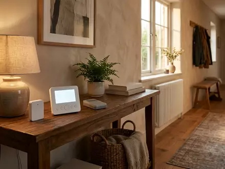 Fotorealistische Aufnahme von Heizungssteuerung im Flur zum Thema Honeywell Home evohome Starter-Set, warmes Abendlicht - Foto: THN