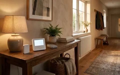 Fotorealistische Aufnahme von Heizungssteuerung im Flur zum Thema Honeywell Home evohome Starter-Set, warmes Abendlicht - Foto: THN