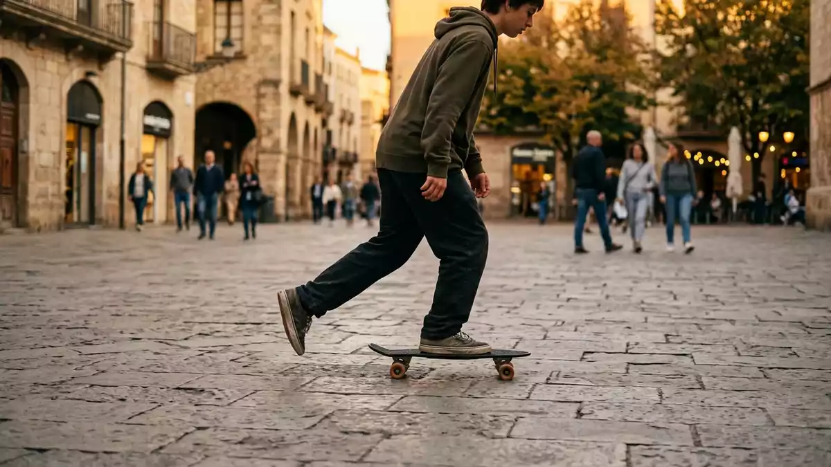 Fotorealistische Ansicht von Kompaktes Skateboard auf dem Platz in warmem Abendlicht