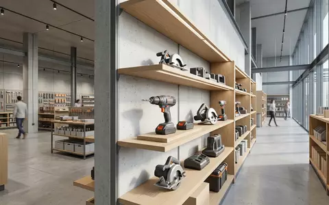Architektur-Render im Werkzeugfachgeschaeft mit Akku Schlagbohrschrauber zum Thema Black+Decker BDCHD18KB-QW Akku-Schlagbohrschrauber 18V, neutrales Tageslicht - Foto: THN