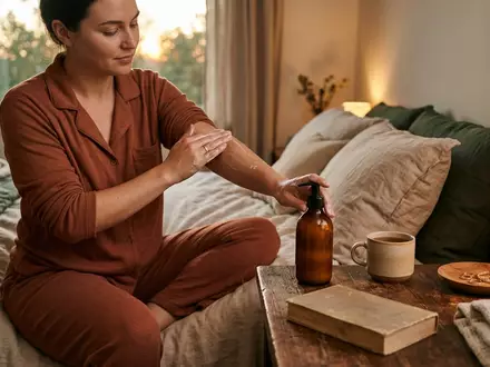 Fotorealistische Aufnahme von Koerperbalsam am Bett zum Thema Bioderma Atoderm Baume Ultra, warmes Abendlicht - Foto: THN