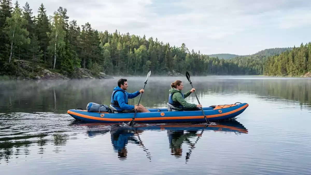 Fotorealistische Ansicht von Kajak auf dem See in realer Umgebung, sachlich dargestellt