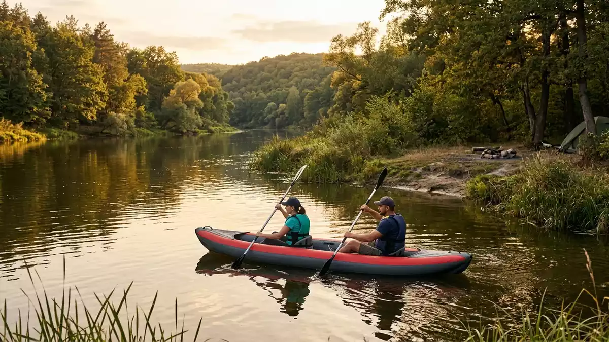 Fotorealistische Ansicht von Kajak am Fluss in warmem Abendlicht, sachlich dargestellt