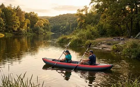 Fotorealistische Aufnahme von Kajak am Fluss zum Thema BIC Sport Yakkair Lite, warmes Abendlicht - Foto: THN