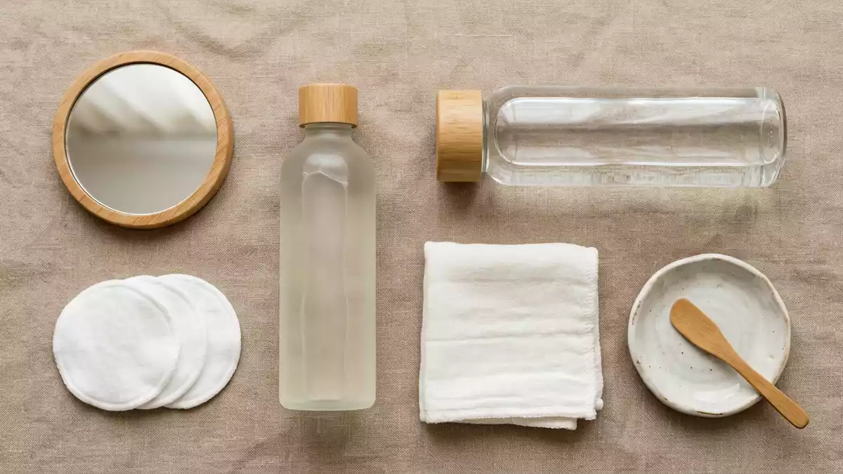 Flatlay-Arrangement rund um Mizellenwasser mit passenden Requisiten von oben, neutral