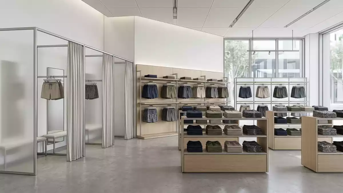 Architektur-Render im Bademode Boutique mit Badeshorts im Ausstellungsbereich, neutral