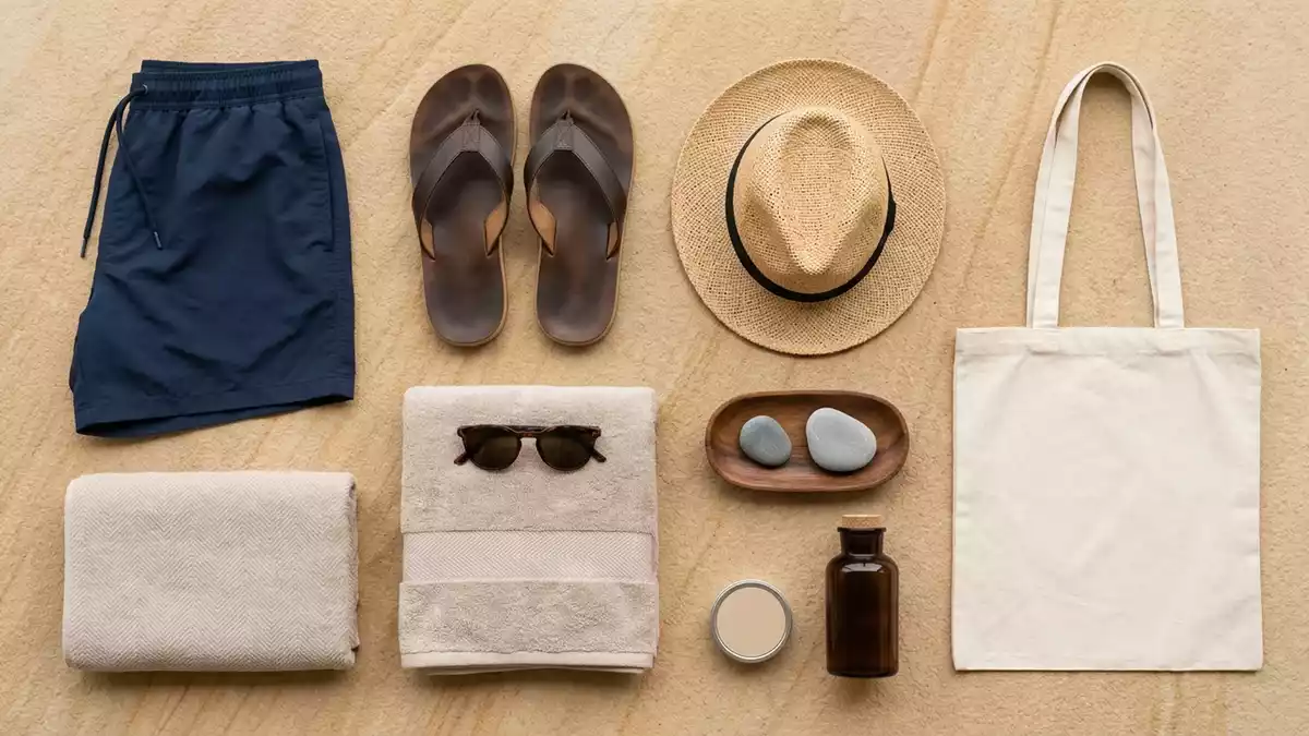 Flatlay-Arrangement rund um Badeshorts mit passenden Requisiten von oben, neutral