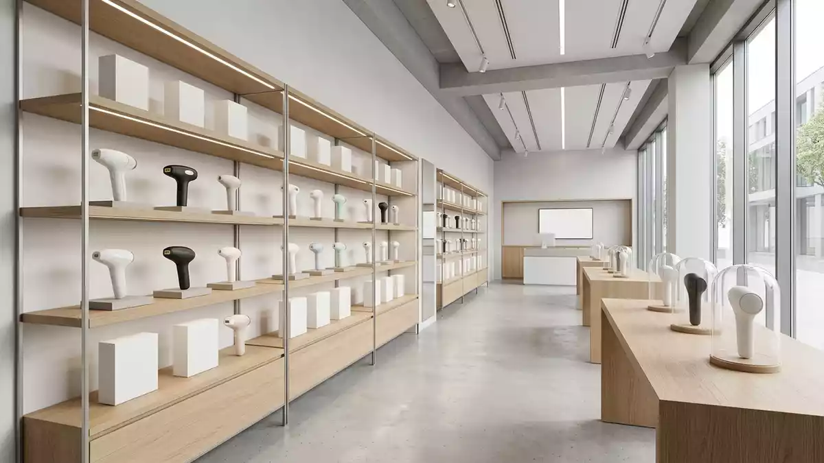 Architektur-Render im Koerperpflege Laden mit IPL-Haarentferner im Ausstellungsbereich