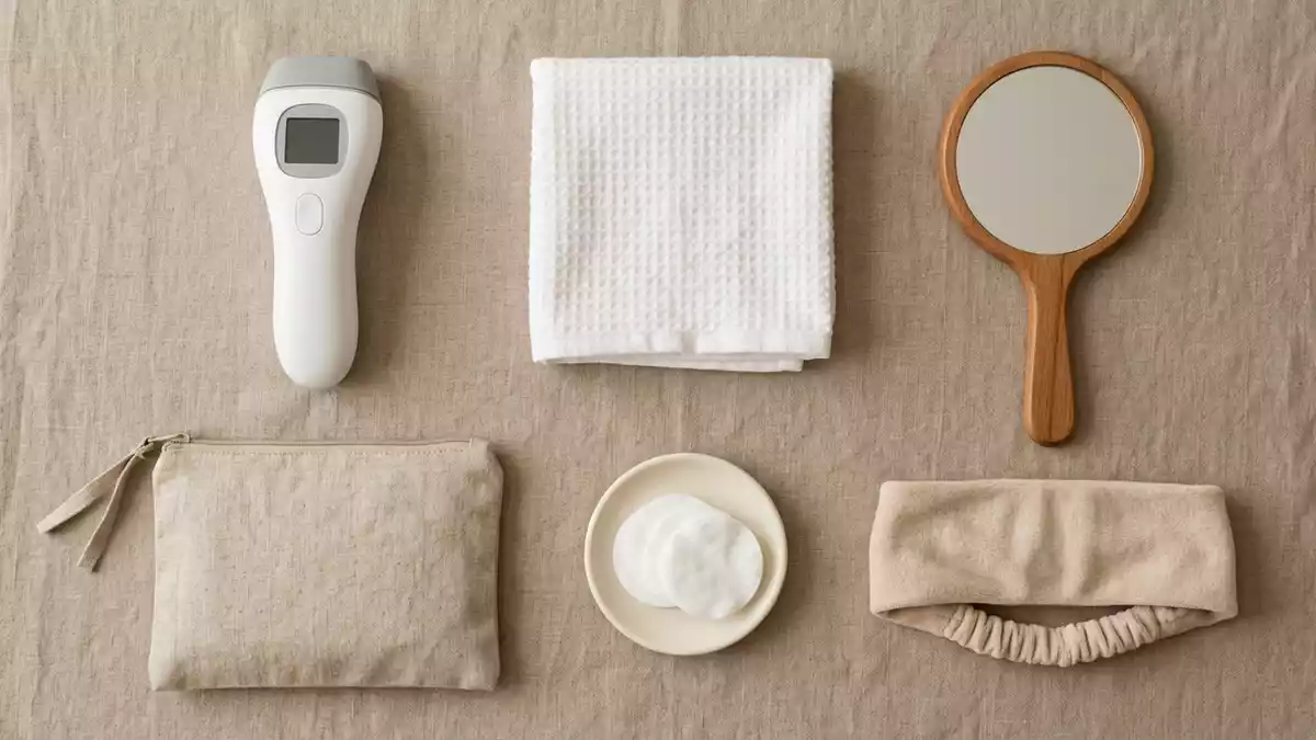 Flatlay-Arrangement rund um IPL-Haarentferner mit passenden Requisiten von oben