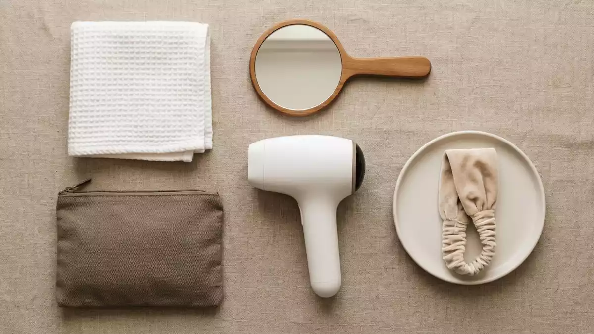 Flatlay-Arrangement rund um IPL-Haarentferner mit passenden Requisiten von oben