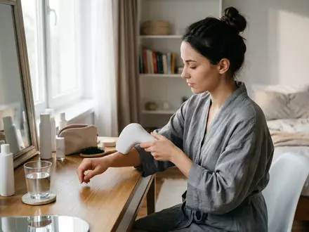 Fotorealistische Aufnahme von IPL-Haarentferner am Badezimmerspiegel zum Thema Braun Smart IPL Skin, natuerliches Licht - Foto: THN